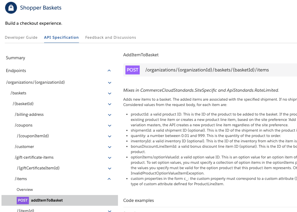 Aperçu de la documentation de l'API addItemToBasket